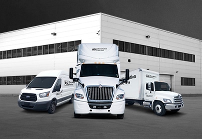 ASL Distribution Services courier van, semi-trailer and box truck outside of facility