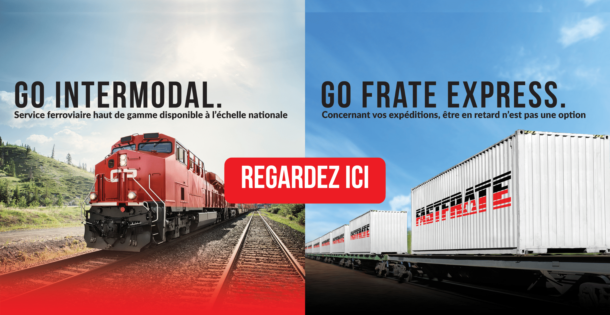 Red Fastrate train on tracks with white Fastfrate semi-trailer truck driving beside it