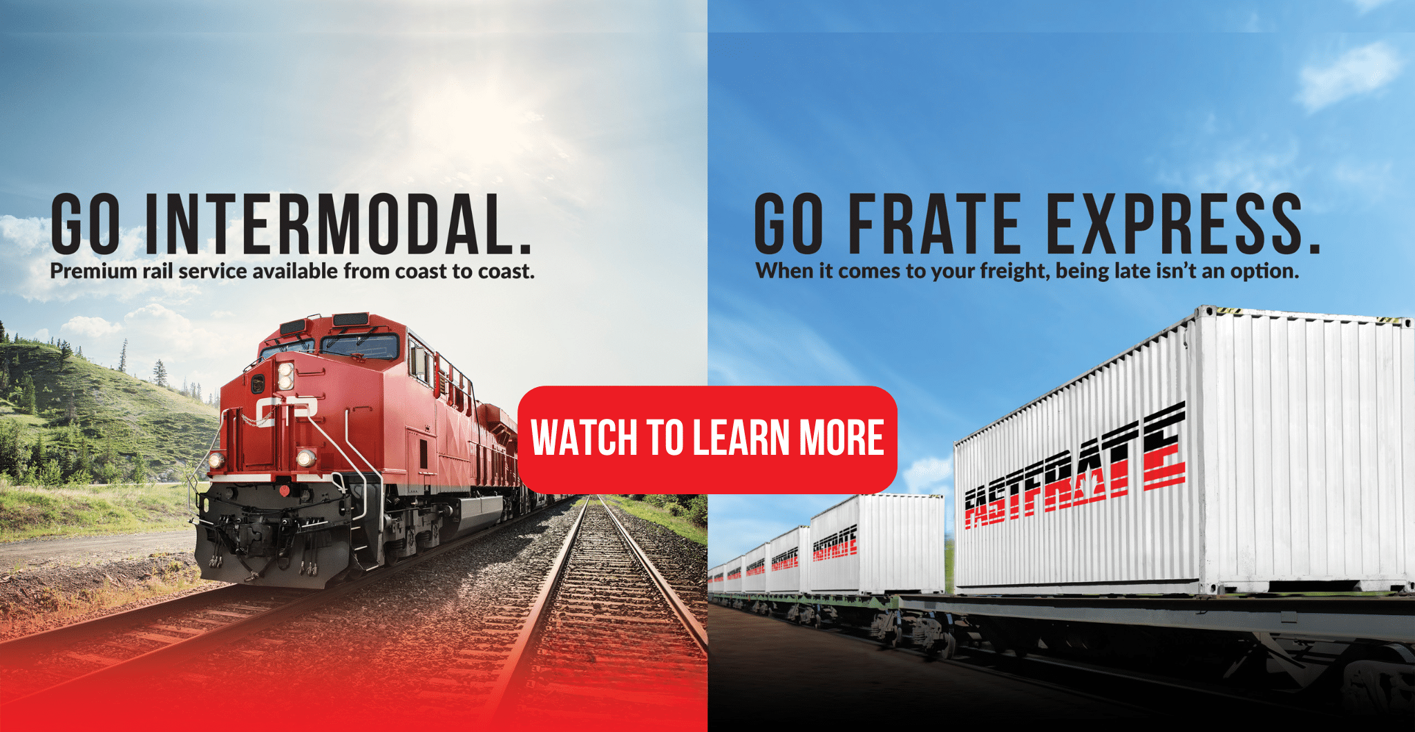 Red Fastrate train on tracks with white Fastfrate semi-trailer truck driving beside it