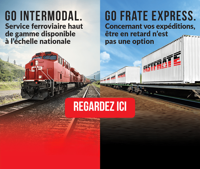 Red Fastrate train on tracks with white Fastfrate semi-trailer truck driving beside it