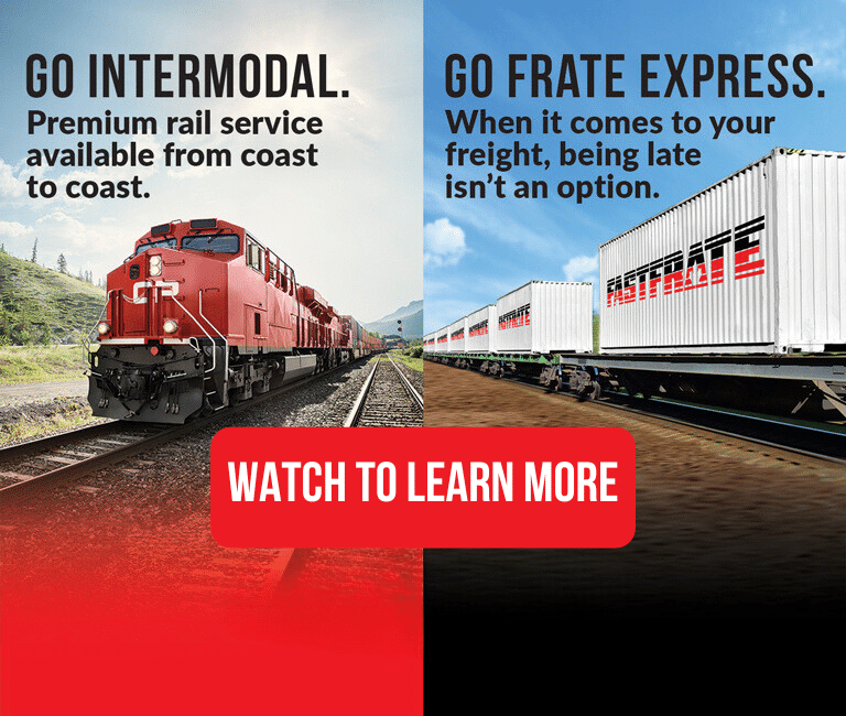 Red Fastrate train on tracks with white Fastfrate semi-trailer truck driving beside it