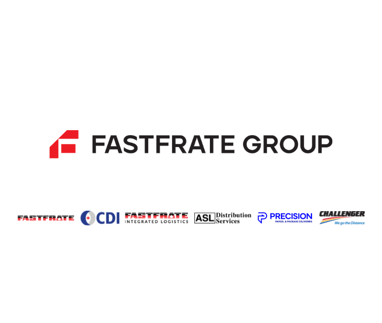 Large Fastfrate logo above Fastfrate Group company logos with maple leaf shadow in background