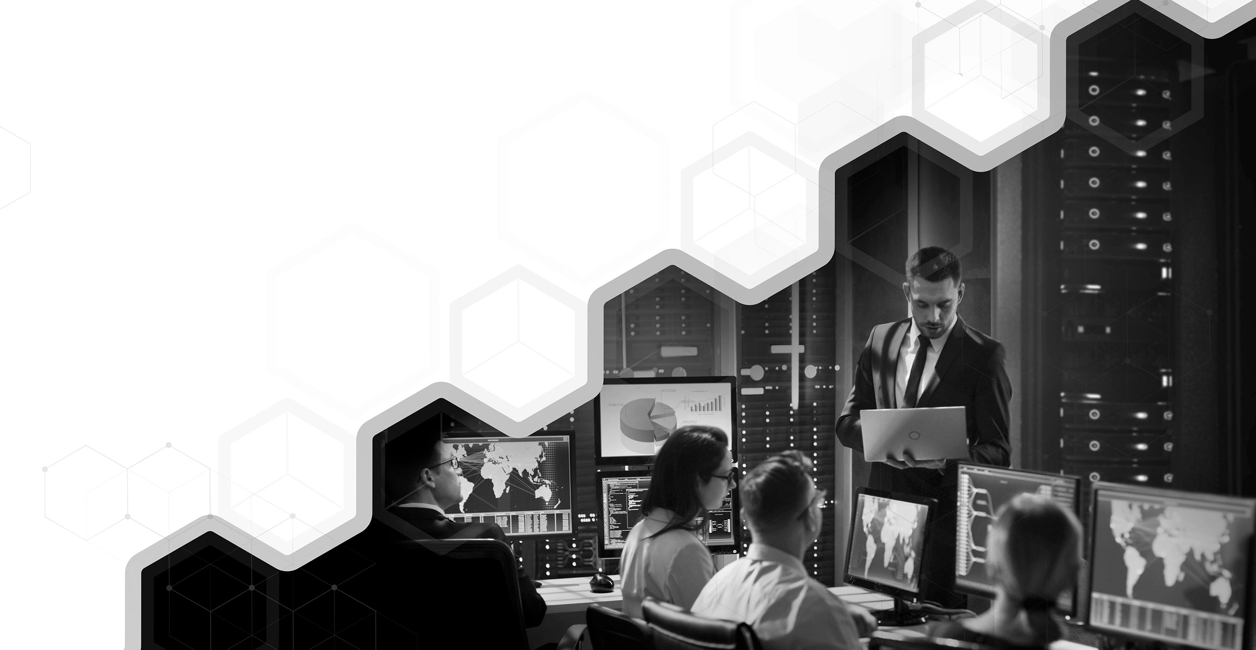 Split image of white hexagon pattern with Fastfrate Group employees analyzing data in computer lab