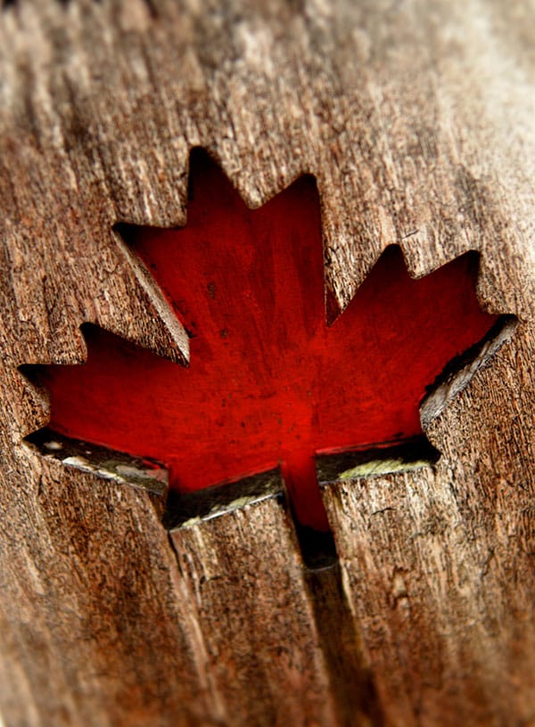 La feuille d’érable représentant le Canada gravée dans le bois et peinte en rouge
