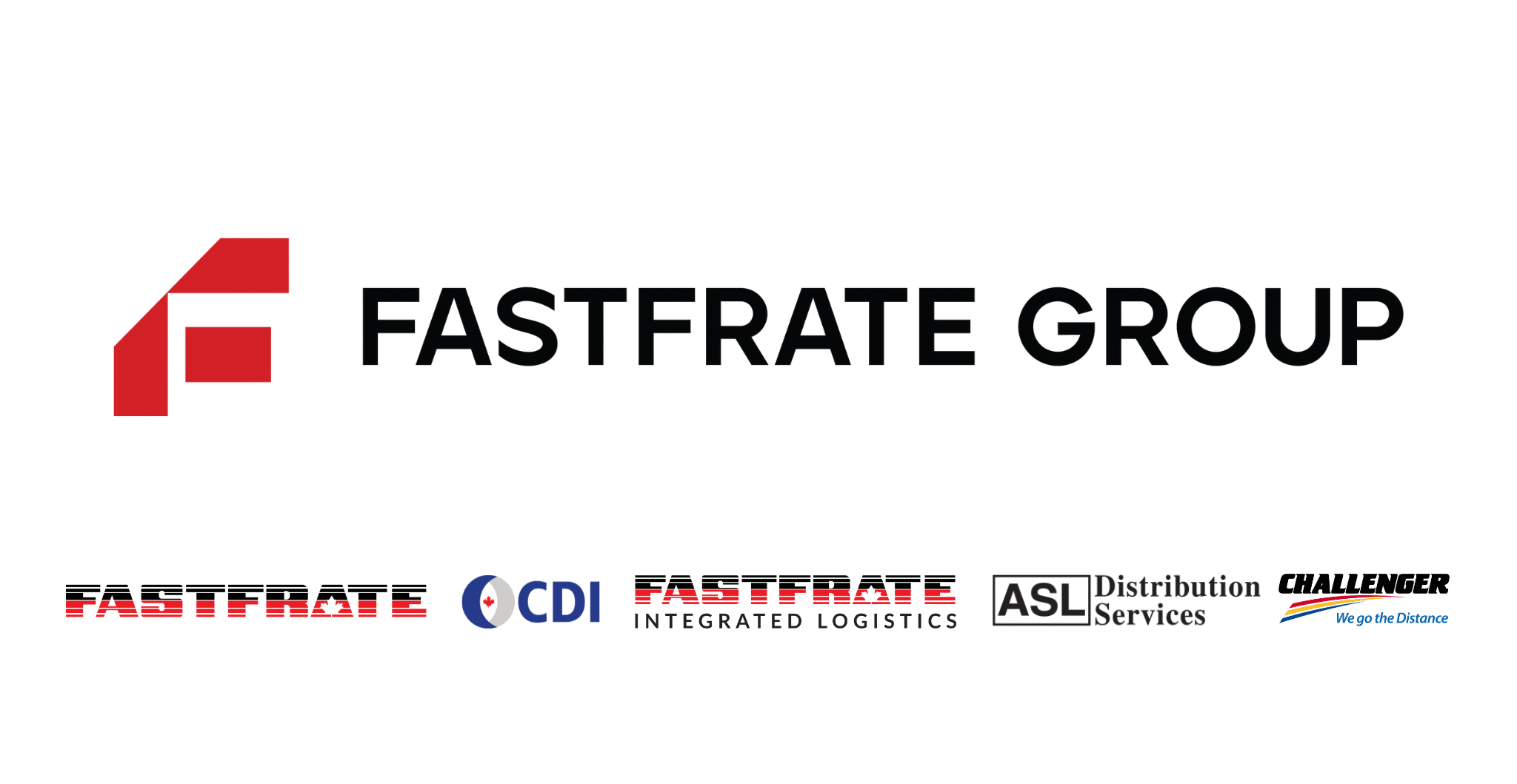 Large Fastfrate logo above Fastfrate Group company logos with maple leaf shadow in background